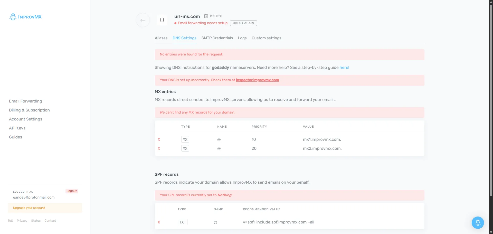ImprovMX DNS 未驗證