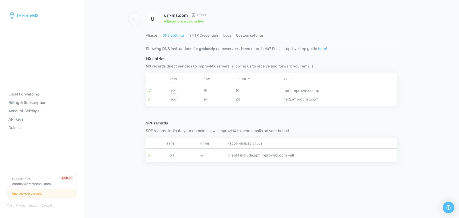 ImprovMX DNS 驗證通過