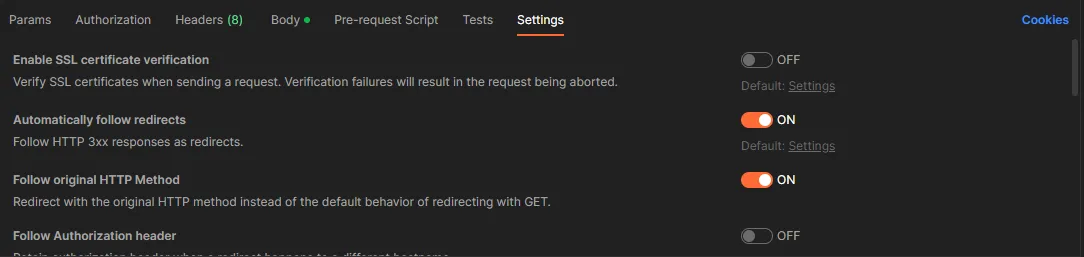 Postman request settings