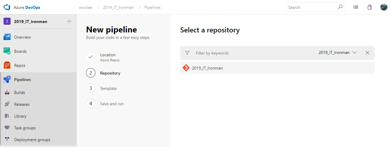 選擇 Azure Pipeline 使用的 Repository