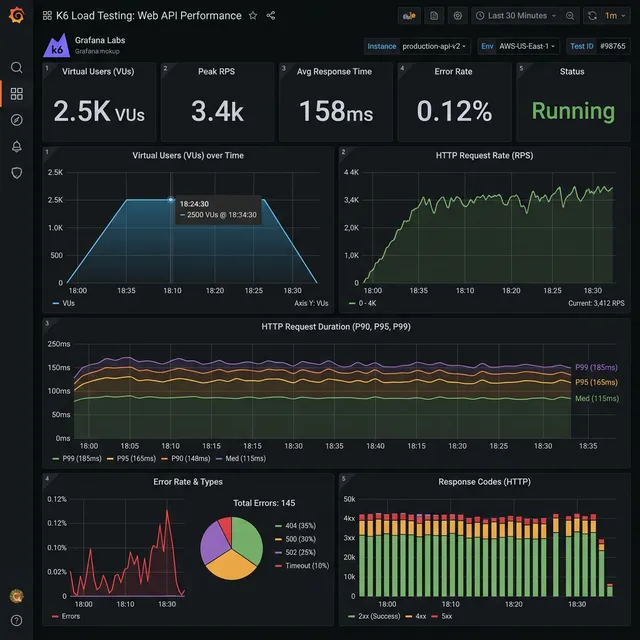 圖：Grafana k6 測試報表範例，呈現 VUs、RPS、Response Time 與 Error Rate 關聯。