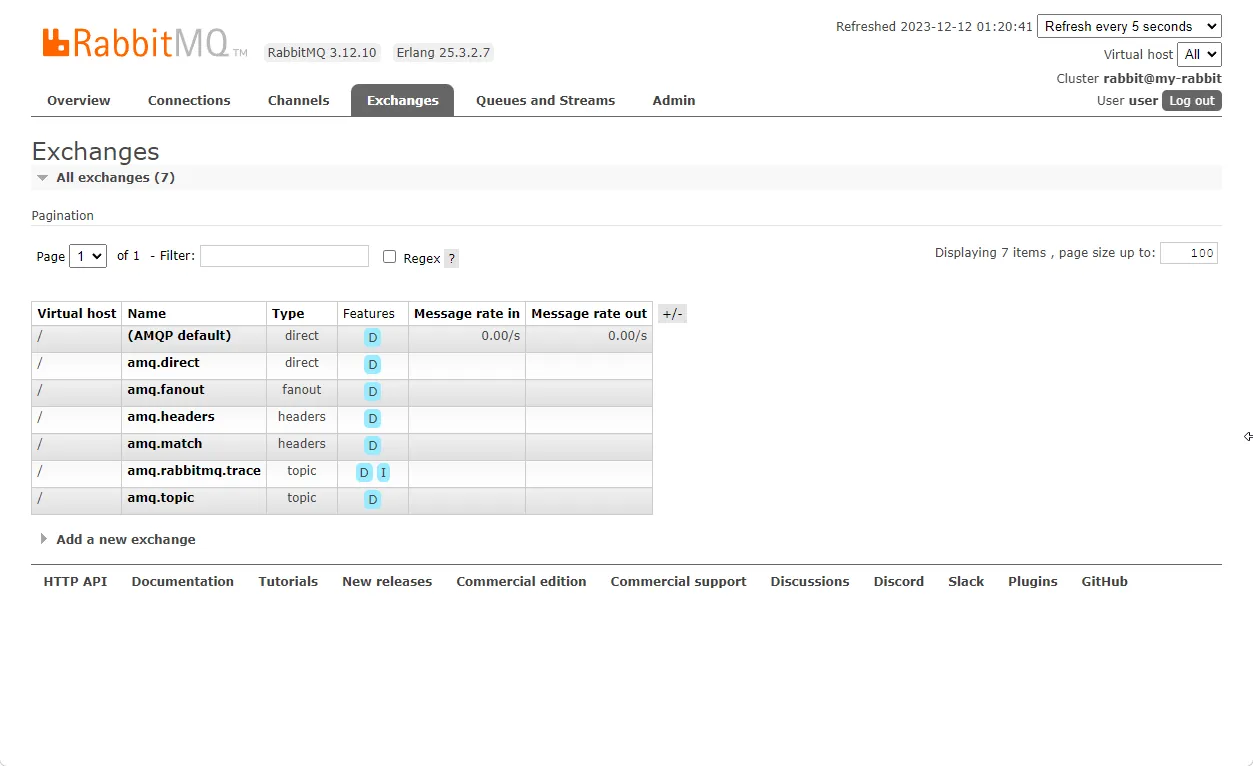 RabbitMQ Management 的 Exchange 頁面