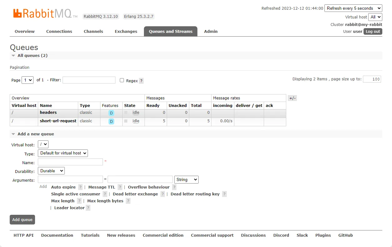 RabbitMQ Management 的 Queue 頁面