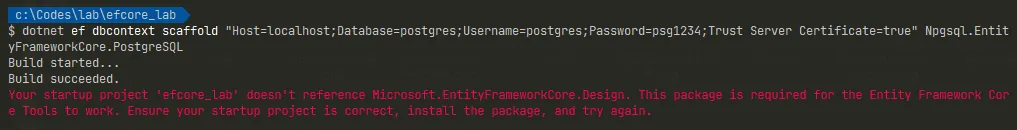 未安裝 Microsoft.EntityFrameworkCore.Design 的錯誤提示