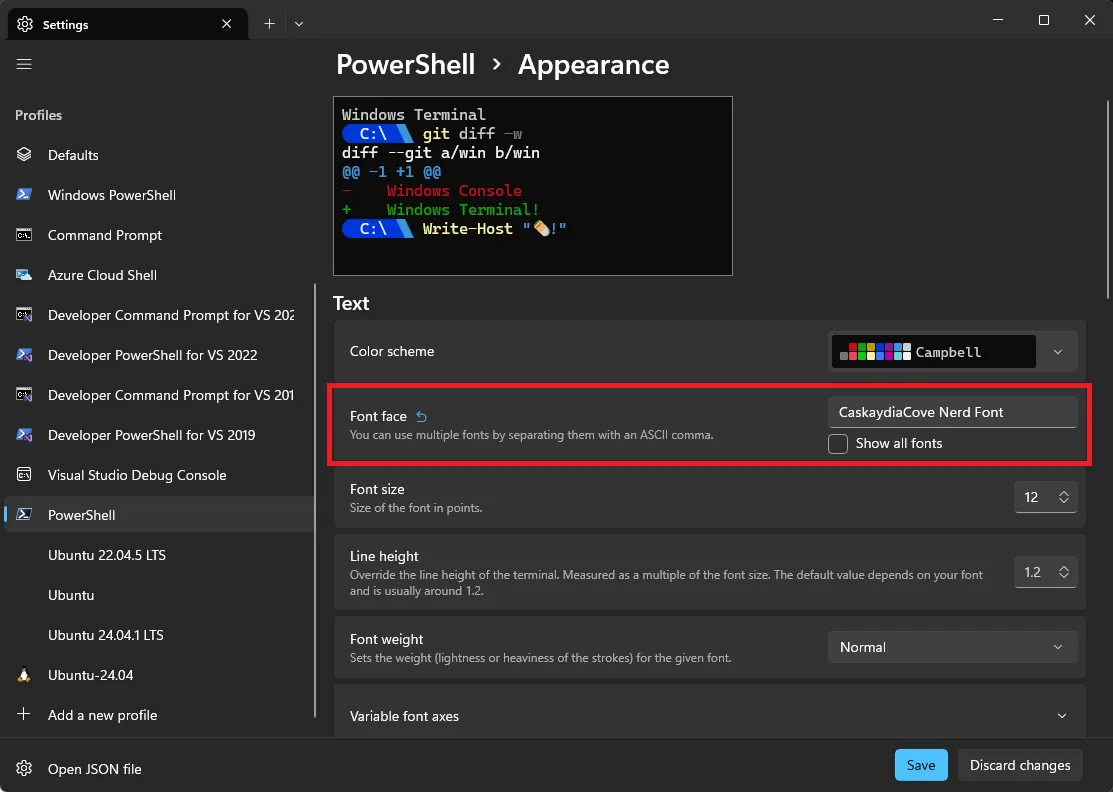 指定使用 Nerd Font 字型