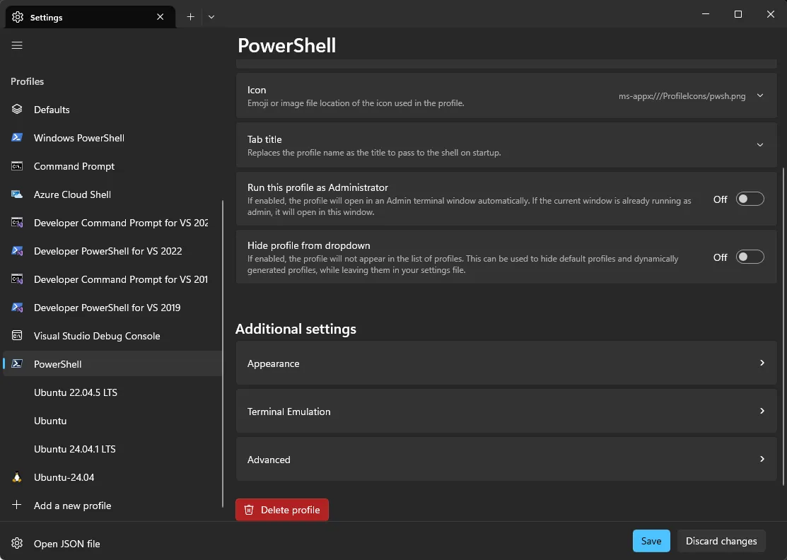 Windows Terminal Profiles 中，Powershell 設定畫面